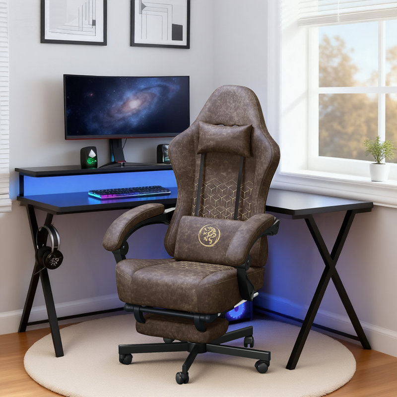 Ensemble de 2 chaises de jeu de course réglables, inclinables et ergonomiques en similicuir, Brun