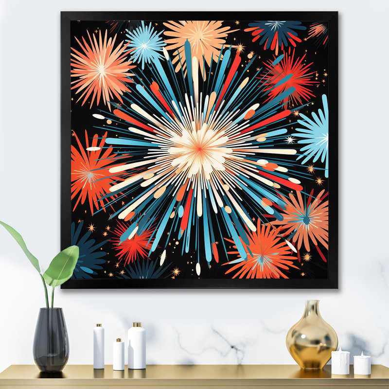 Feux d'artifice bleu et jaune - art mural, H 16 po x l 16 po x P 1 po, Cadre simple noir