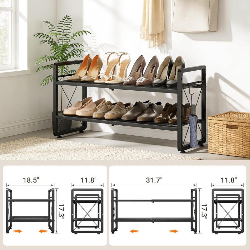 Range-chaussures à hauteur réglable à 2 niveaux avec 4 crochets, range-chaussures empilable en métal pour vestibule, placard, garage, étagère à chaussures robuste pour bottes, talons et espadrilles