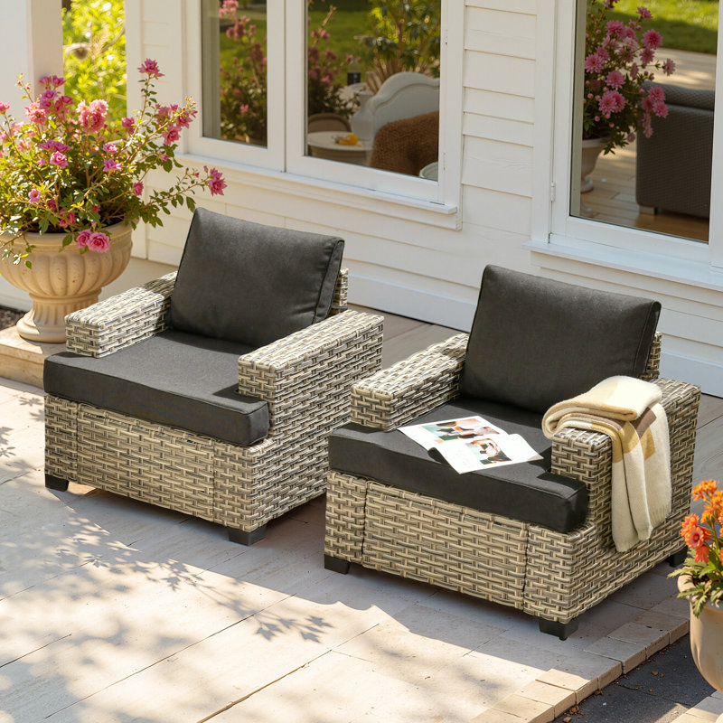 Chaise longue d'extérieur en osier avec coussins toutes saisons (ensemble de 2), Noir