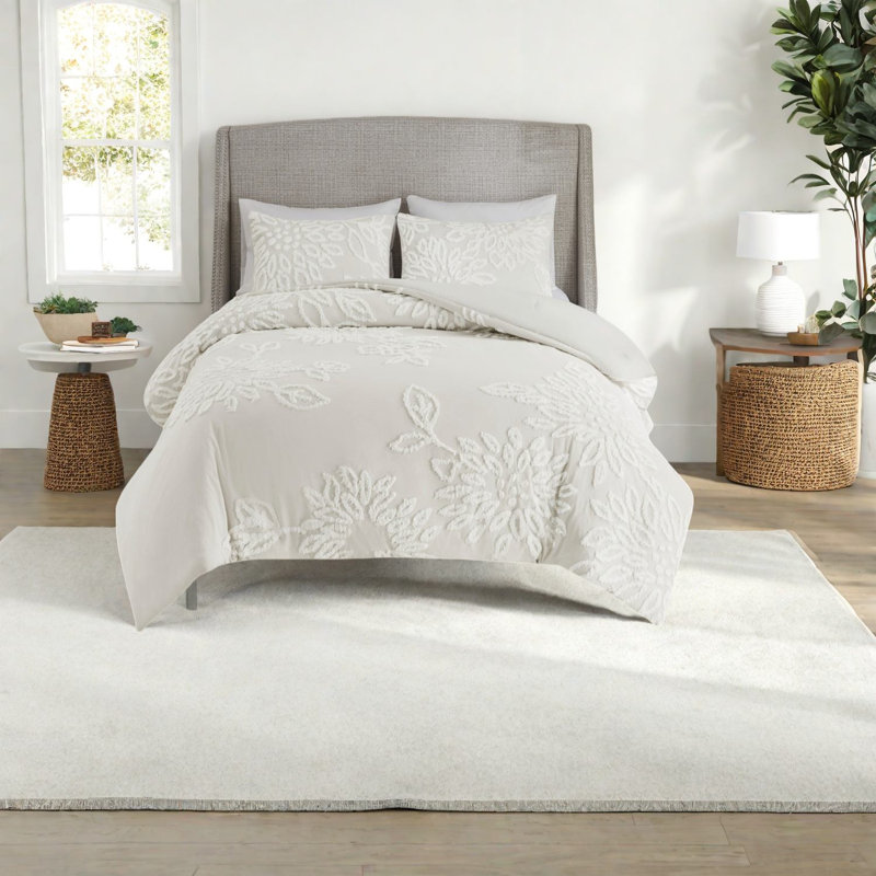 Ensemble de literie en coton hypoallergénique, confort floral blanc cassé pour un style campagnard