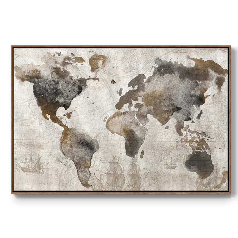 Carte antique encadrée sur toile, H 17 po x l 25 po x P 2 po, Noyer