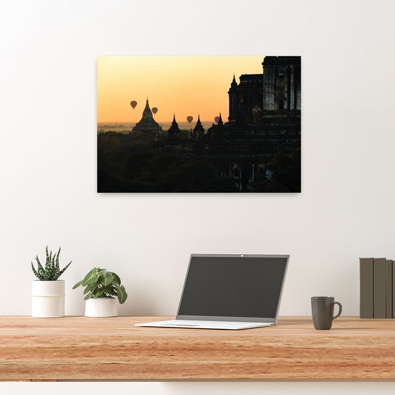 «Golden Bagan Sunrise Peaceful Serene Tranquil Architecture Landscape», art mural, 16" H x 24" W