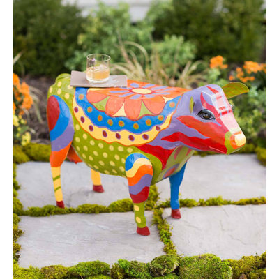 Mikito Handmade Painted Folk Art Cow Metal Side Table by Bungalow Rose