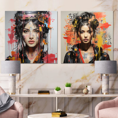 Popart Collage Of Japanese Woman I - Woman Wall Art Prints Set Of 2