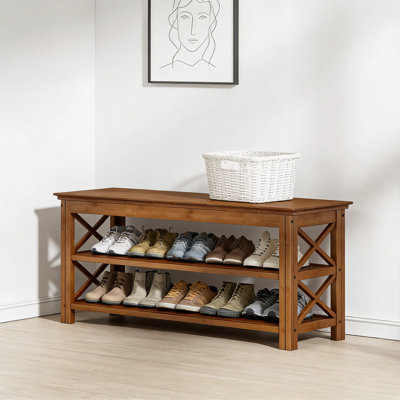 Banc de rangement à 3 niveaux pour chaussures en bambou avec rangement