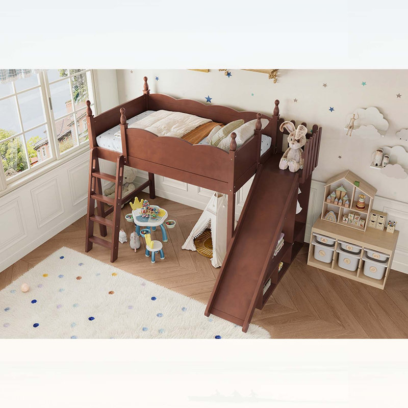 Lit mezzanine simple avec tablettes de rangement et garde-robe, structure en bois massif, glissière amovible, échelles, aucun sommier nécessaire, naturel profond