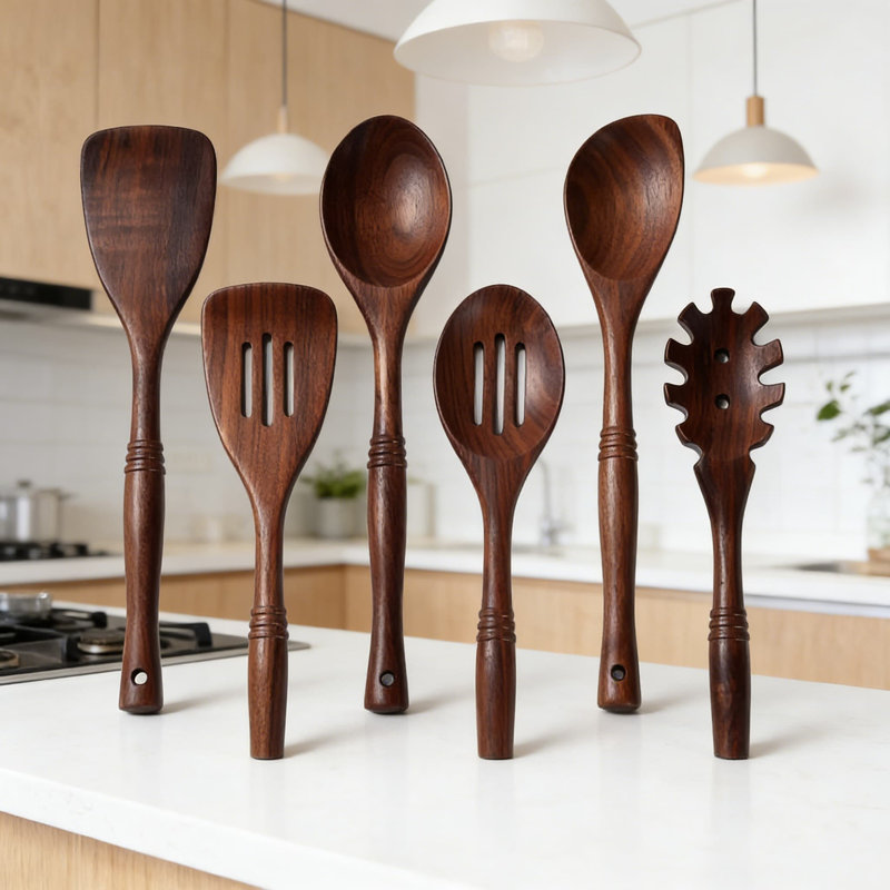 Ensemble d'ustensiles en bois de noyer noir fait à la main - Collection de 6 cuillères de cuisine pour la cuisson avec poignée longue, non toxique et résistante aux rayures pour les ustensiles de cuisine antiadhésifs