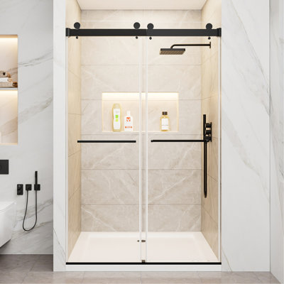 44"-48" W x 76" H Frameless Double Sliding Shower Door, Soft-Close Matte Black Shower Screen, 5/16" (8mm) Clear Tempered Glass With Explosion-proof Film, Dual Stainless Steel Door Handles