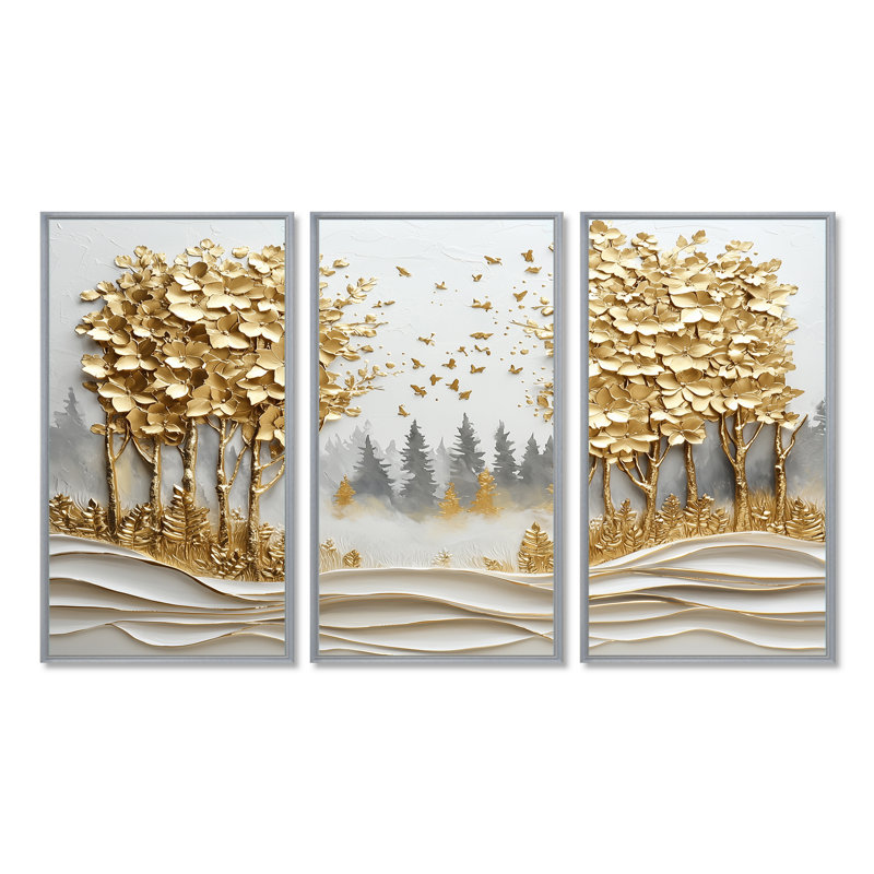Ensemble de décorations murales pin bleu et or Misty Mountain Mornings IV, Toile argentée avec cadre flottant
