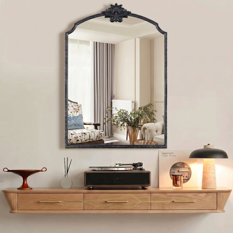 Lindon Arched Iron Wall Mirror, Antique Black, 36" x 24"