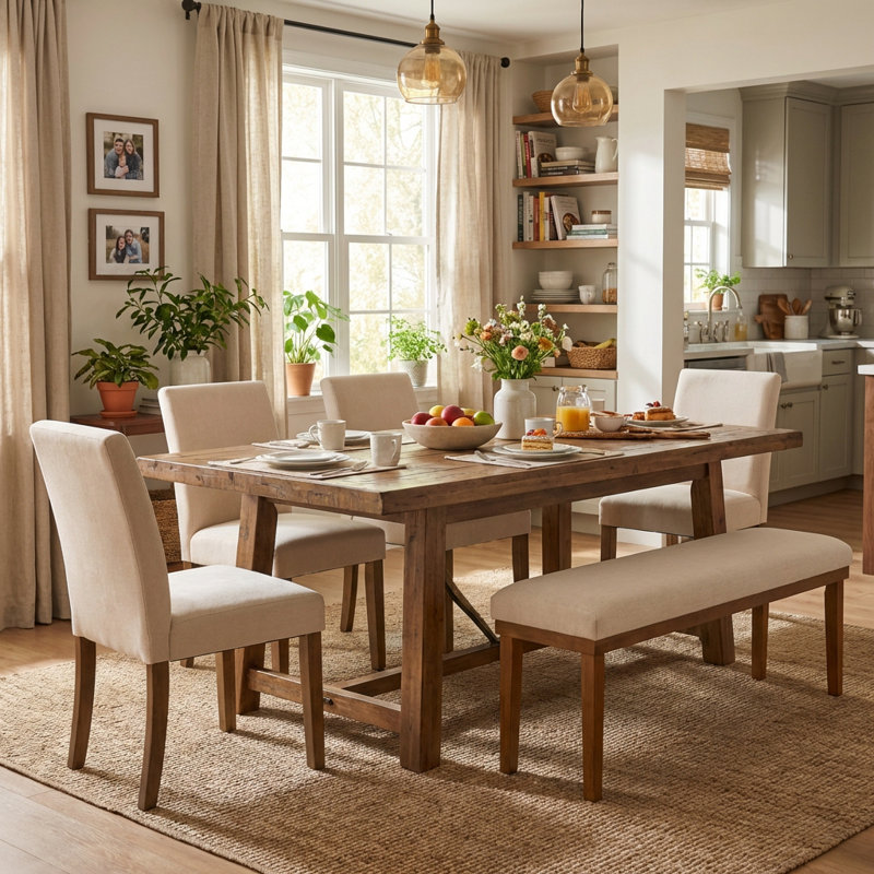 Ensemble de chaises de salle à manger avec chaises rembourrées et banc pour 2 à 4 personnes, Beige, Brun