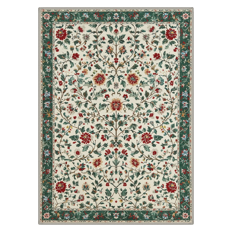 Almont William Morris Botanical Green Floral Area Rug, Garden Rug, Machine Washable, Inspired Faux Wool, Non-Slip Backing