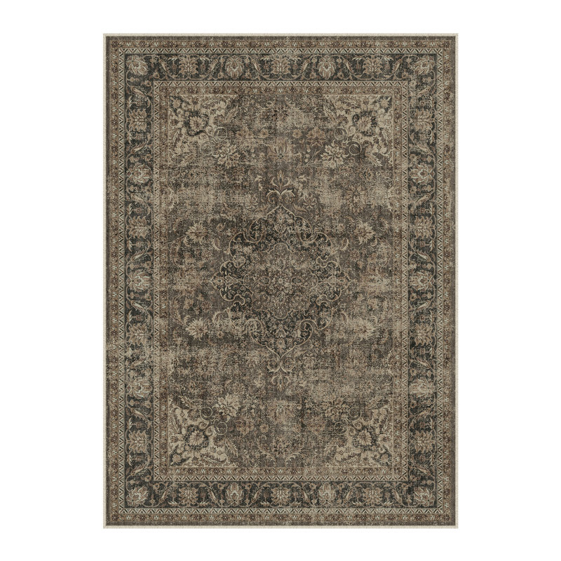 Tivora Oriental Machine Washable Brown Area Rug, Rectangle 6'3" x 8'6"