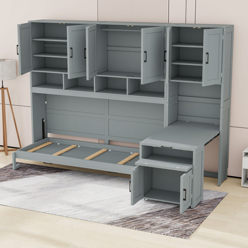 Lit escamotable simple avec placard, tiroirs et bureau, gris