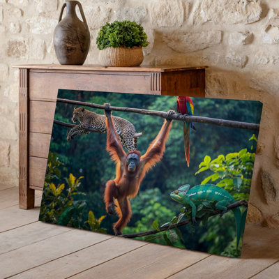 Canvas A Vibrant Jungle Scene Filled With Lush Greenery And Exotic Wall Art Wildlife Featuring A Playful Orangutan Hanging From A Canvas Wall Art