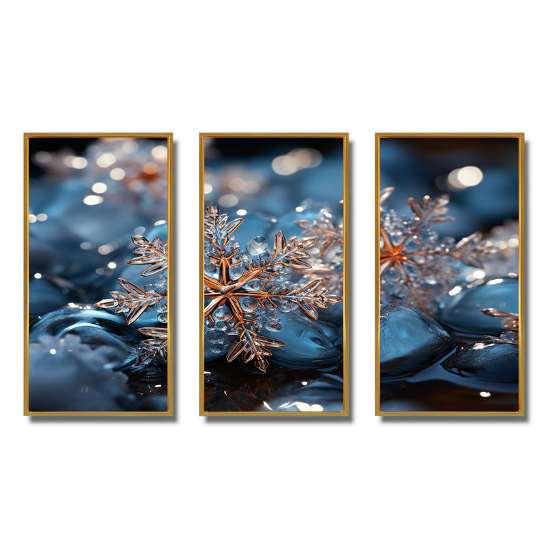 «Sunrise Snowflake Tranquility IV - Winter Landscape», art mural, Cadre flottant doré, H 32 po x l 48 po x P 1 po