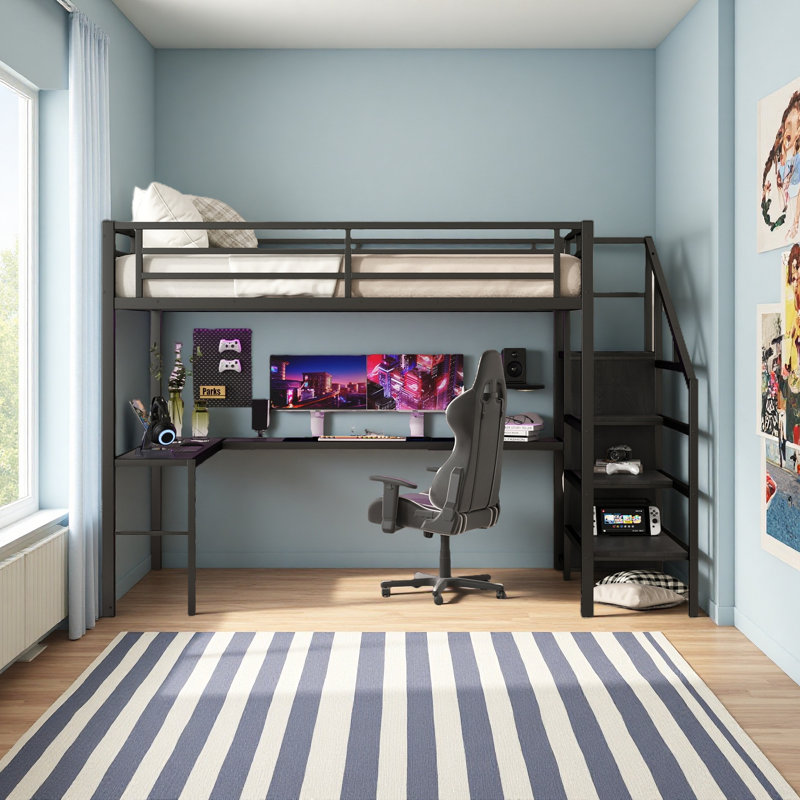 Grand lit mezzanine avec bureau en L et port USB, lit mezzanine en métal avec garde-robe et tablette réglable