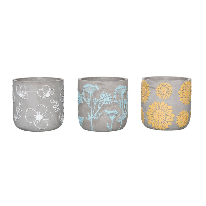  Cement Embossed Floral Container Set of 3 Spring Home Decorations