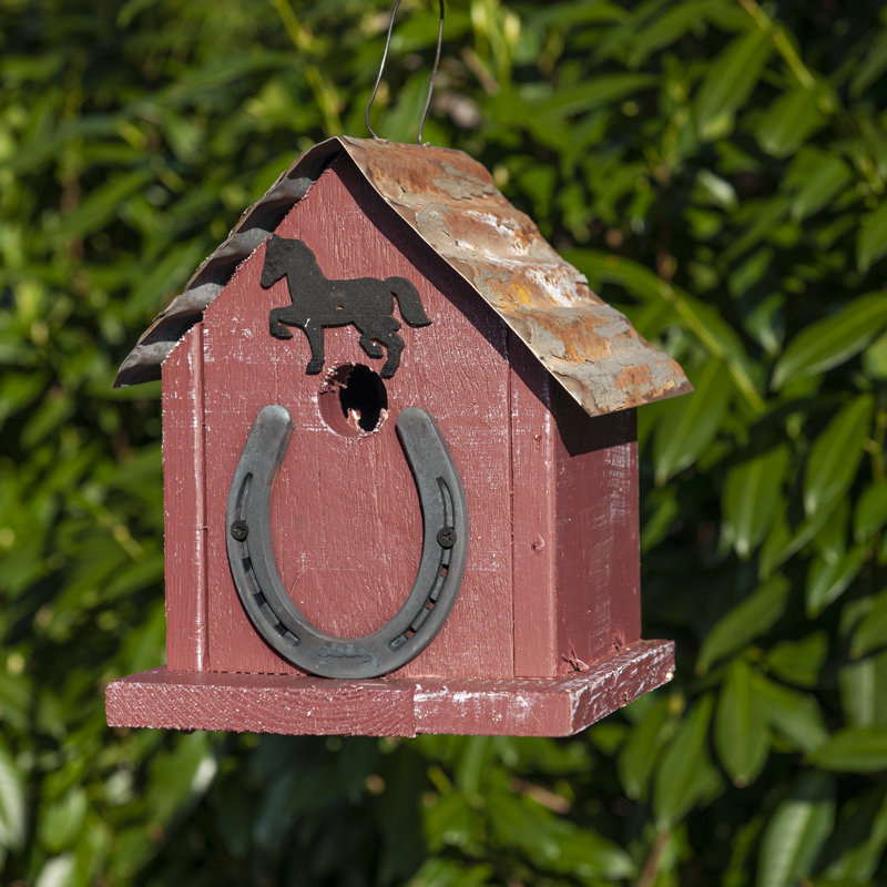 Red Reclaimed Barn Wood and Metal Horseshoe Birdhouse