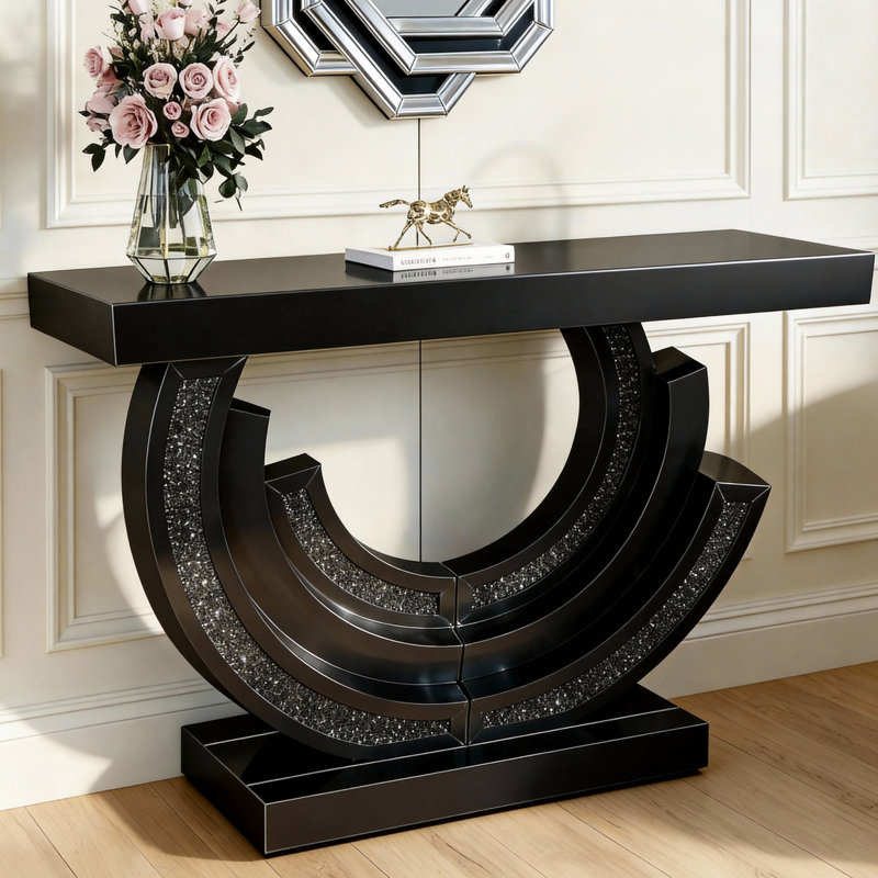 43in Luxury Glam Mirrored Console Table Crushed Diamond Inlay Entryway Table with Circular Base Modern Black Mirror Sofa Accent Table for Foyer Living Room Home Decor