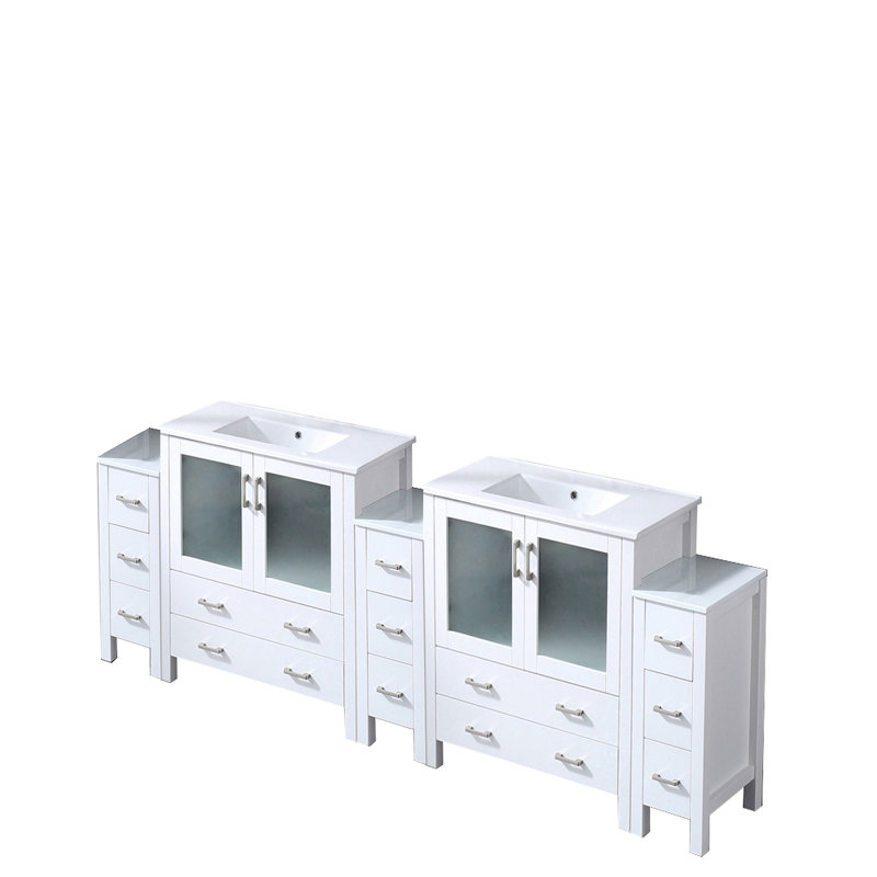 Meuble-lavabo double 96 po Blanc - fermeture en douceur et design attrayant avec plateau en céramique pratique