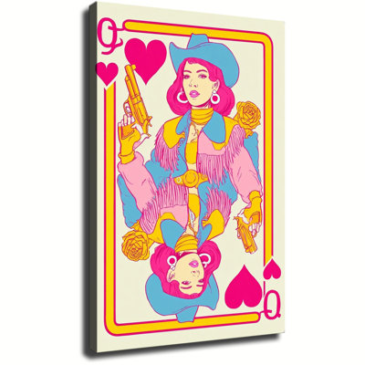 Tableau sur toile tendue, style western, représentant une reine de cœur et une cowgirl, inspiré des cartes à jouer rétro, idéal pour le salon ou la chambre. Parfait pour le salon ou la chambre.