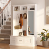 White 73.6" H Hall Tree With Hooks & Mirror & 3 Drawer