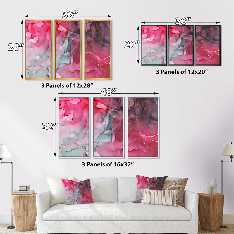 Art liquide rouge et vert - 3 pièces, reproduction sur toile, H 32 po x l 48 po x P 1 po, Blanc