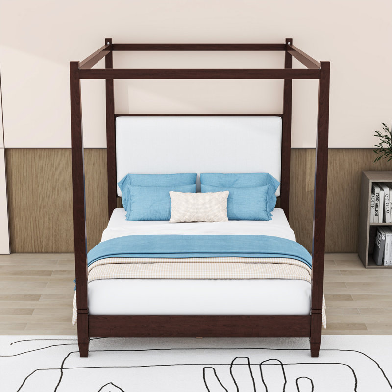 Lit plateforme élégant à baldaquin en bois avec tête de lit tapissier, Grand lit, Espresso