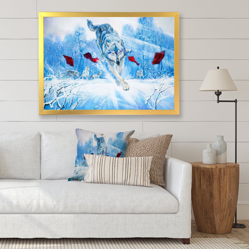 Paysage hivernal «Loup sautant» - peinture sur toile, H 35,5 po x l 45,5 po x P 1,5 po, Cadre doré