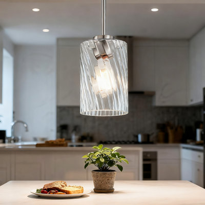 1-Light 5 Inch Brushed Nickel Mini Pendant With Clear Swirl Glass Shade