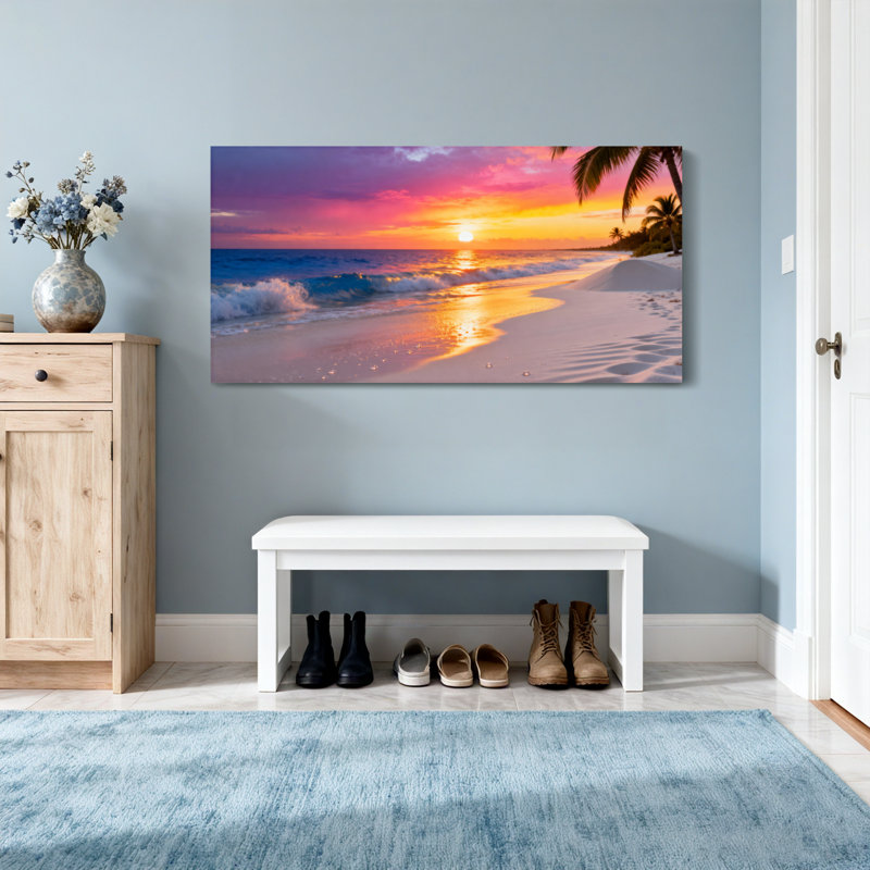 Paysage et nature, coucher de soleil tropical, plage, palmiers, vagues de l'océan, empreintes de sable, H 16 po x l 32 po
