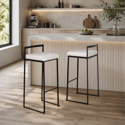 Tabouret de bar contemporain empilable en acier inoxydable avec coussin en velours blanc - ensemble de 2