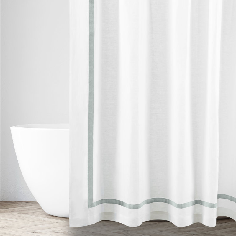 Fino Linen Solid Color Single Shower Curtain, White/Wafer Taupe, 84'' H x 72'' L