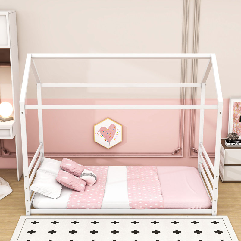 Montessori-Inspired House-Shaped Metal Floor Bed With Roof, Twin, White