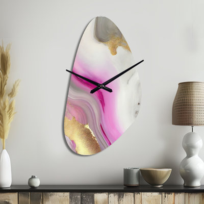 Pink And Gold Marble Abstract II - Marble Asymmetrical Metal Clock, Modern Irregular Shape Wall Clock Print