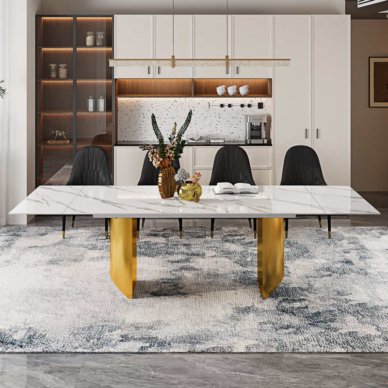 9 - Piece Dining Table Set With 94.5'' Extendable Sintered Stone Dining Table With 8 Faux Leather Wingback Chairs, Gold