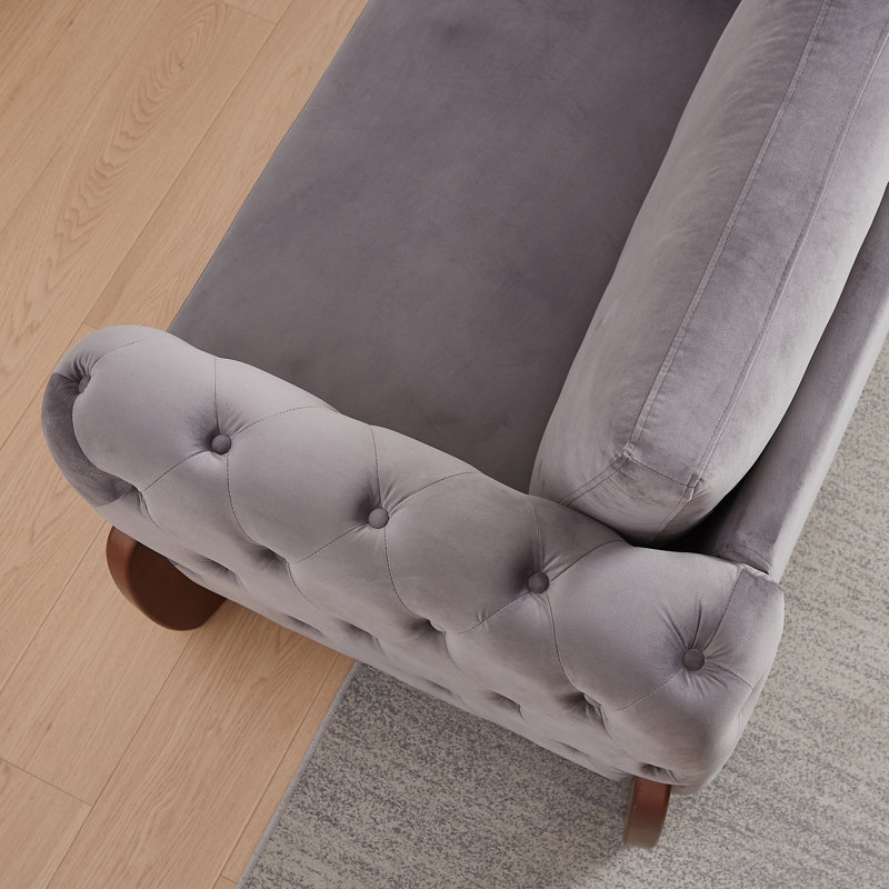 Canapé classique en velours capitonné, pieds en bois courbés, 2 pièces, Gris