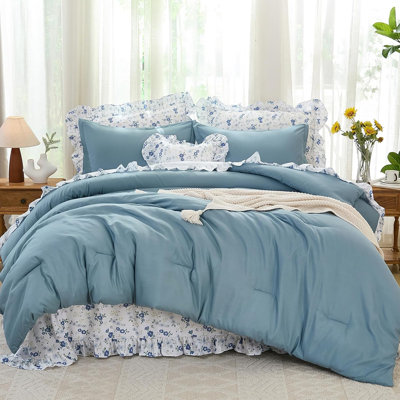 8-Piece Ruffle Floral Comforter Set, Farmhouse Bedding Set with Ruffle Comforter, Pillowcases and Sheets
