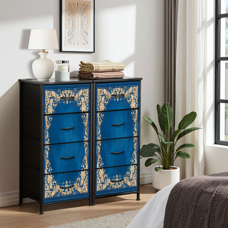 Commode pour commode de chambre à coucher pour garde-robe de chambre à coucher avec bordure à motif floral moderne bleu turquoise et or Commodes et commodes en tissu
