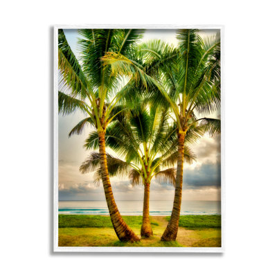 «Three Palm Trees On Beach» encadré sur bois par Dennis Frates, peinture