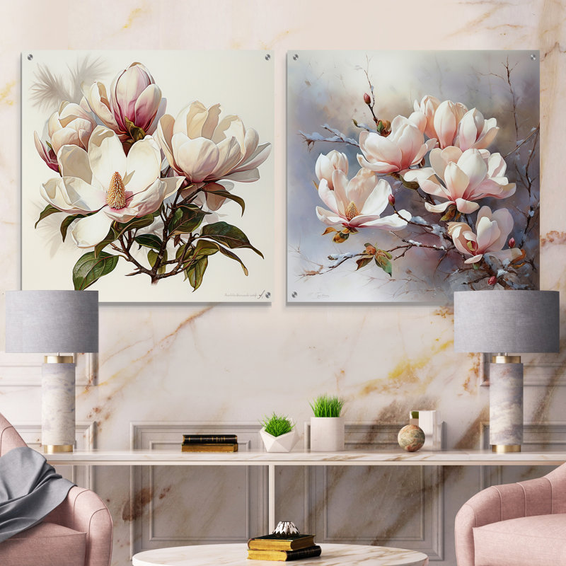 «Magnolias Charm In Winter», ensemble de 2 peintures murales en acrylique Magnolias, H 16 po x l 33 po