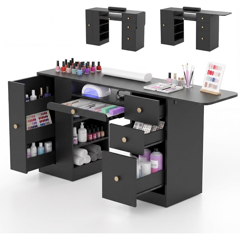 Table de manucure blanche de 147 cm (58 pouces) avec rallonge latérale pliable, tiroirs de rangement et organisateur d'outils, poste de travail professionnel pour prothésiste ongulaire en salon ou à domicile.