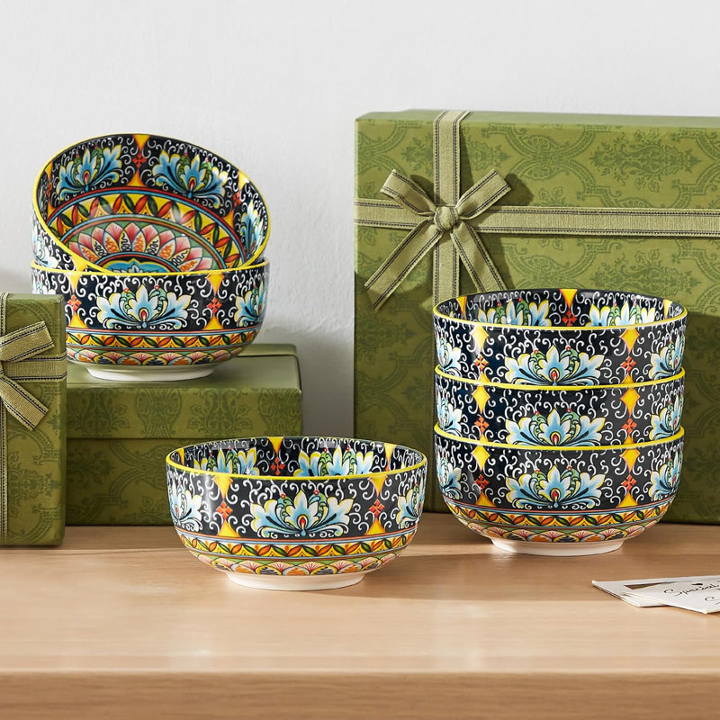 Ensemble de bols bohémiens en céramique de 6 bols à soupe colorés de 28 oz pour la cuisine, le micro-ondes et le lave-vaisselle pour la salade, les pâtes, le riz, l'avoine, les fruits, la vaisselle durable et élégante