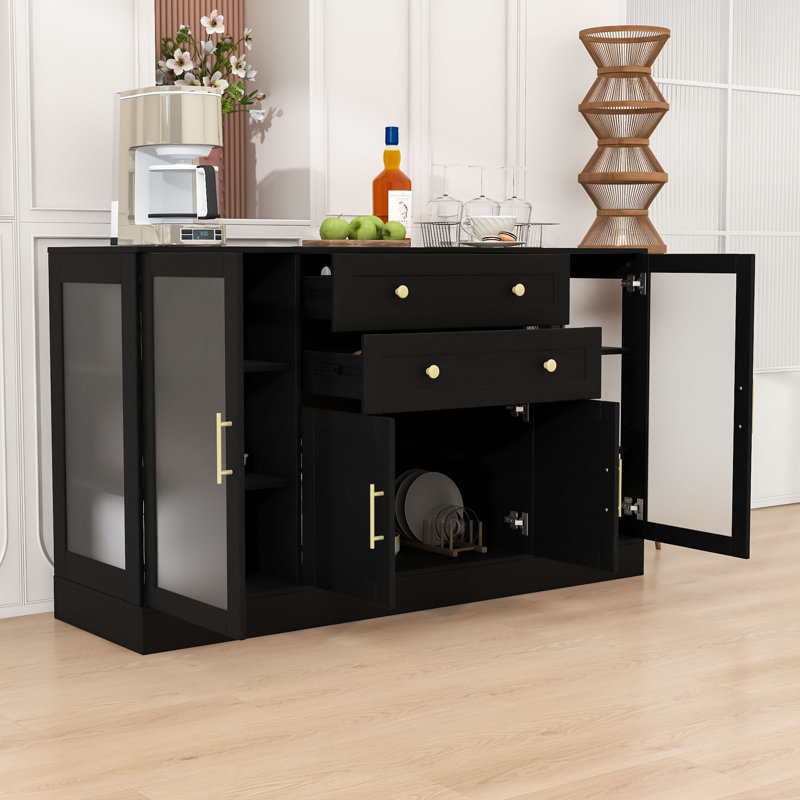 Buffet Buffet avec tablettes réglables, prise de courant, 4 portes et 2 tiroirs, Black
