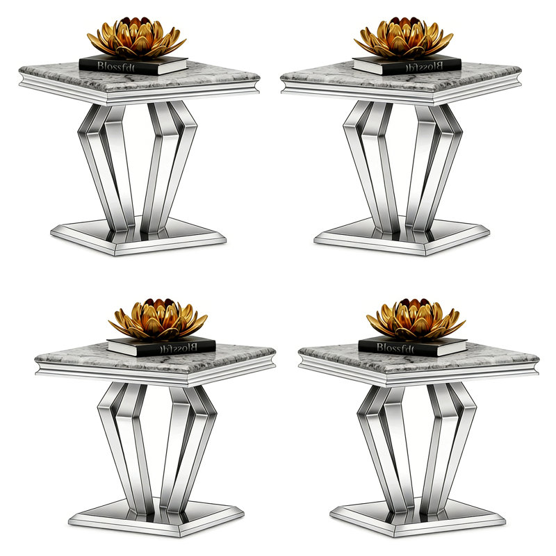 Ensemble de 4 tables de bout argentées, table d'appoint carrée de luxe avec 4 bases géométriques en miroir, 4