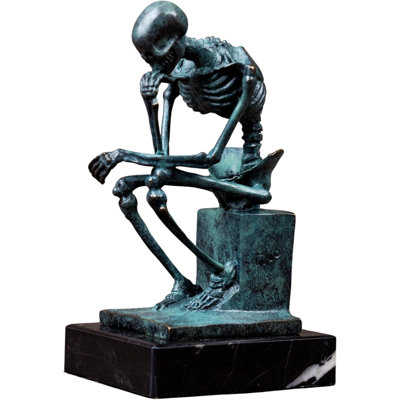 Sculpture abstraite de penseur en bronze - Rodin le penseur, sculptures de statues en bronze pour décorations pour la maison et crânes d'Halloween (patine bleue)