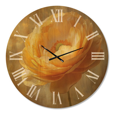 Très grande horloge murale en bois à imprimé floral - lueur de pétales dorés