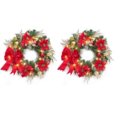 Ensemble de 2 couronnes de Noël artificielles rouges et dorées de 61 cm (24 po) préilluminées, pour porte d'entrée, porte double, mur, fenêtre et décoration de Noël